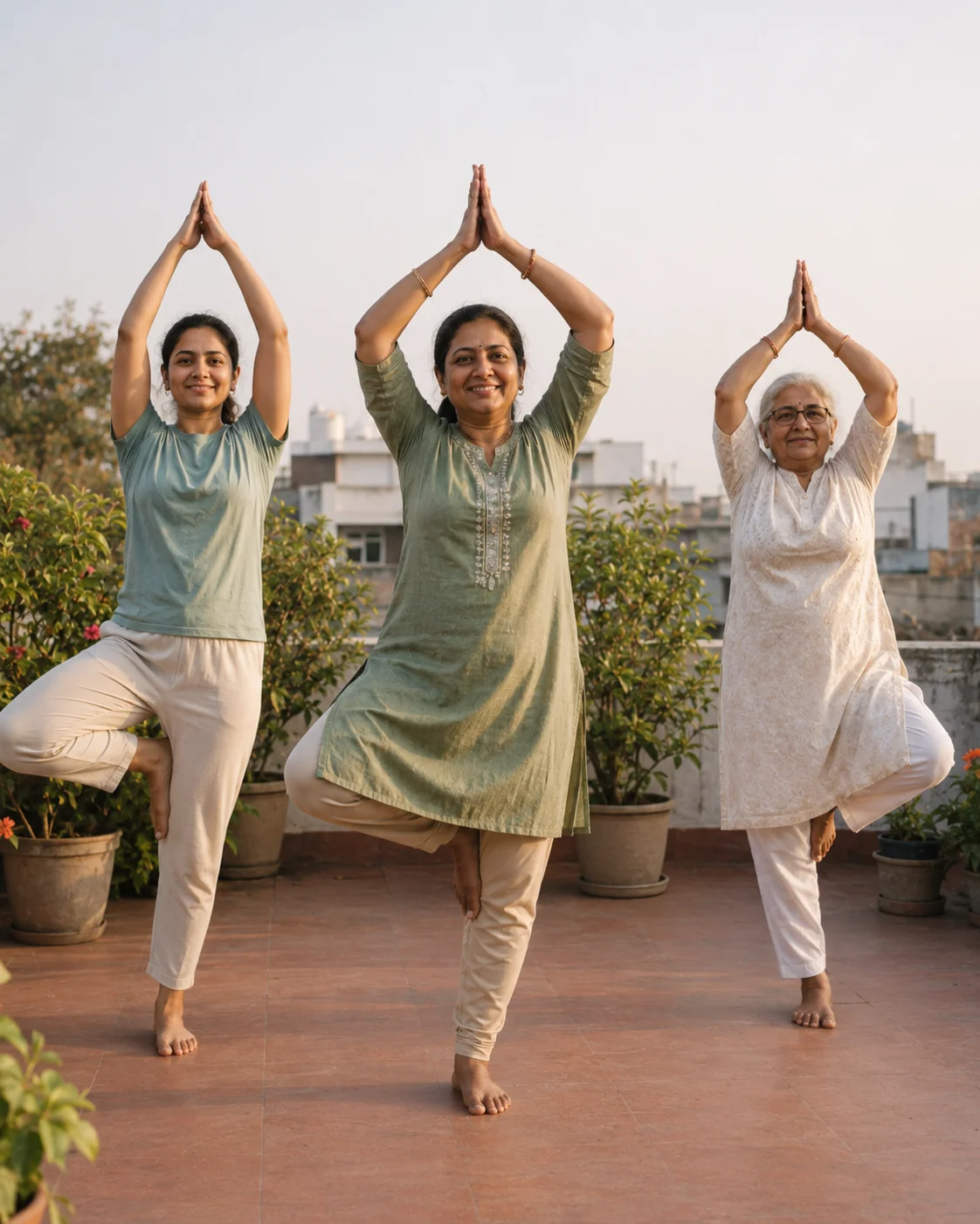 Three older Indian adults following a seated stretch during a guided yoga class